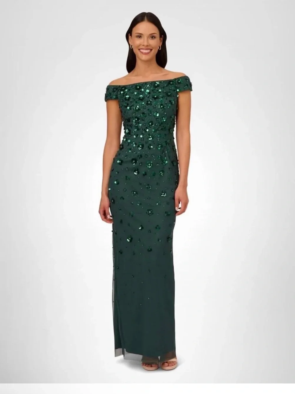 Adrianna Papell SZ 4 NWT Emerald Green Sequin Off Shoulder Formal Gown GALA MOB